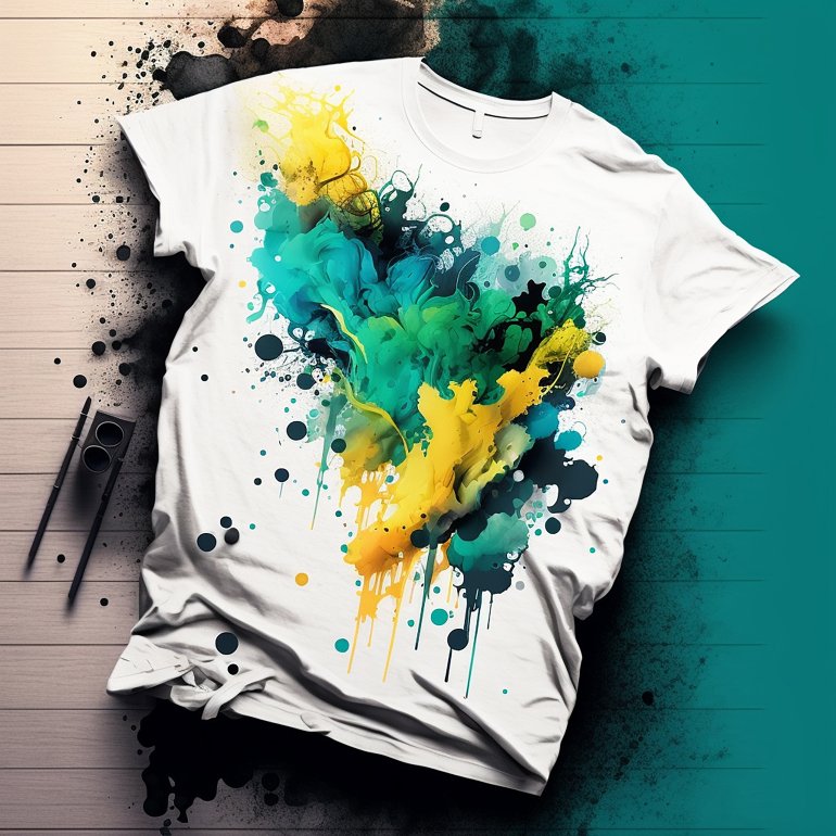 Shirt with teal/yellow paint splash design